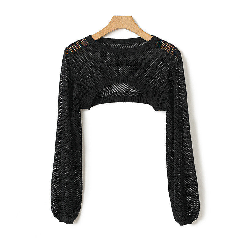 Ice Silk Lyocell Round Neck Knitted Lantern Sleeve Hollow-out Short Blouse Sun Protection Shirt Women