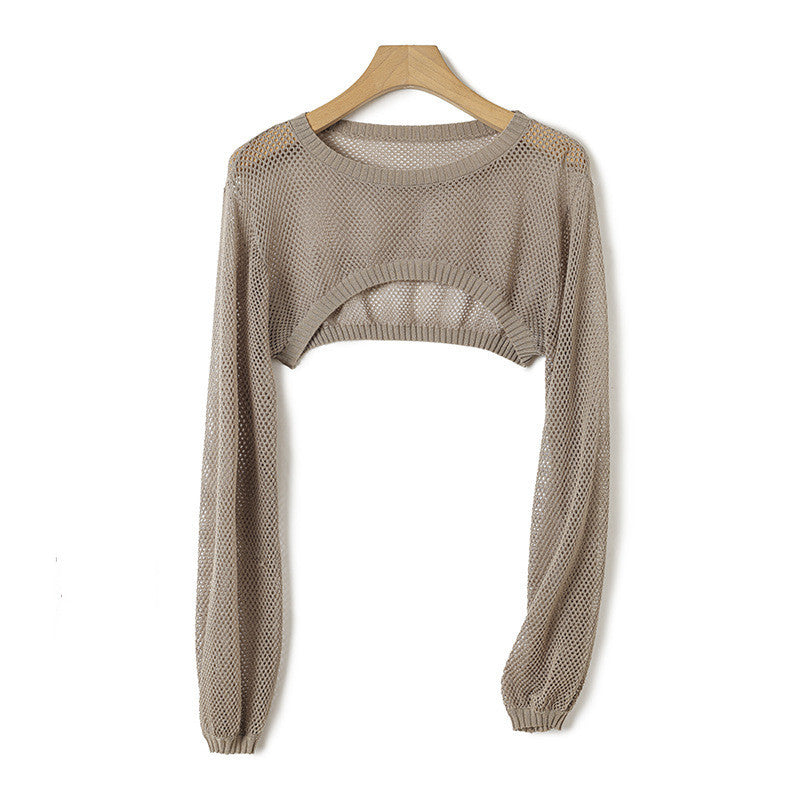 Ice Silk Lyocell Round Neck Knitted Lantern Sleeve Hollow-out Short Blouse Sun Protection Shirt Women