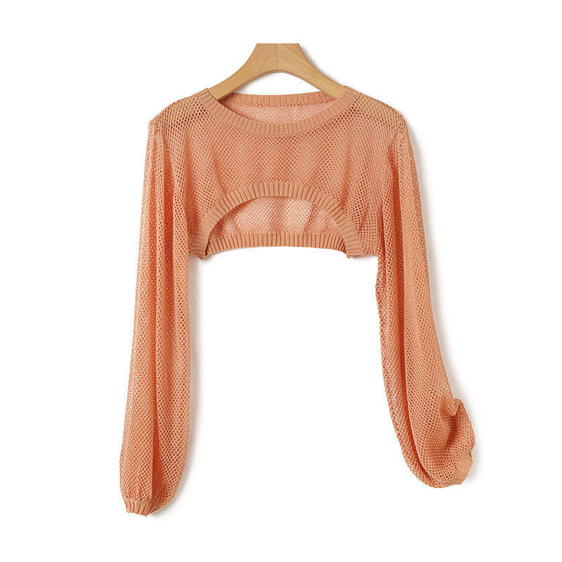 Ice Silk Lyocell Round Neck Knitted Lantern Sleeve Hollow-out Short Blouse Sun Protection Shirt Women