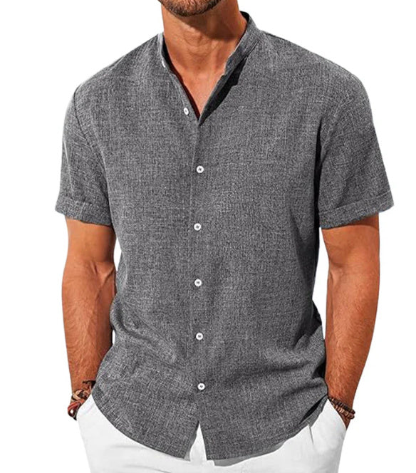 V-neck Button Cotton And Linen Solid Color Men's Trendy Shirt