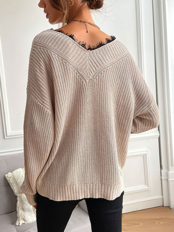 Women's patchwork lace pullover solid color knitted sweater
