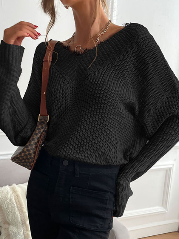 Women's patchwork lace pullover solid color knitted sweater
