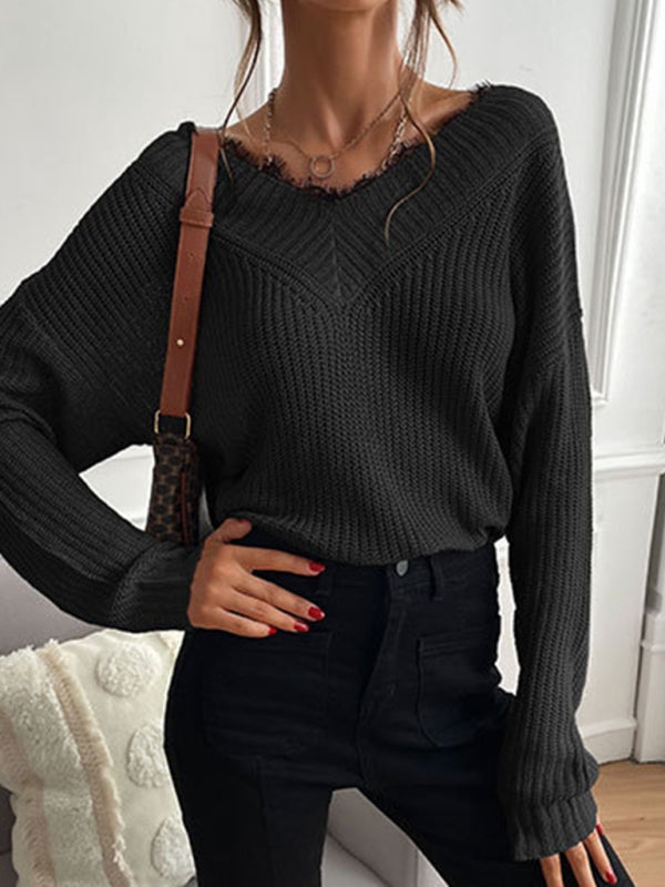 Women's patchwork lace pullover solid color knitted sweater