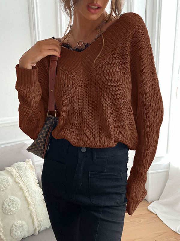 Women's patchwork lace pullover solid color knitted sweater