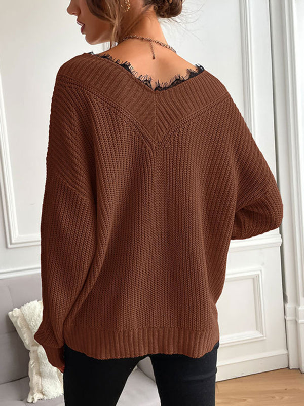 Women's patchwork lace pullover solid color knitted sweater