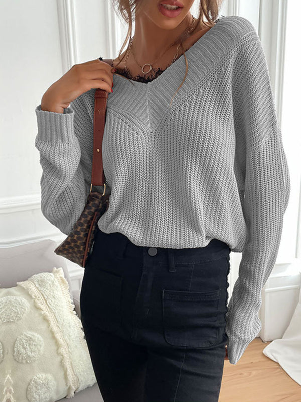 Women's patchwork lace pullover solid color knitted sweater