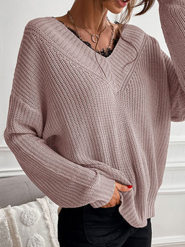 Women's patchwork lace pullover solid color knitted sweater