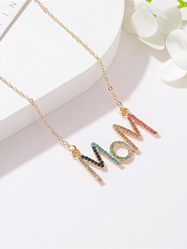 MOM letter necklace creative colored diamond English letter clavicle chain Mother's Day gift