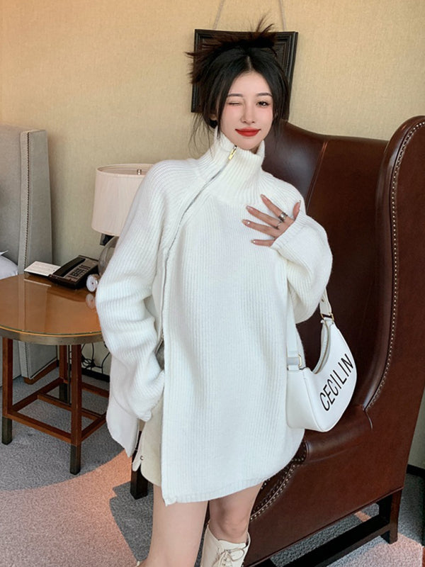 Women's turtleneck sweater with side zipper design