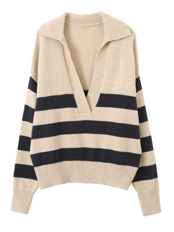 New casual polo large v-neck striped loose pullover sweater