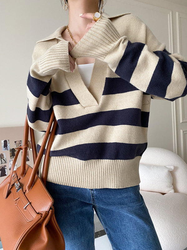 New casual polo large v-neck striped loose pullover sweater