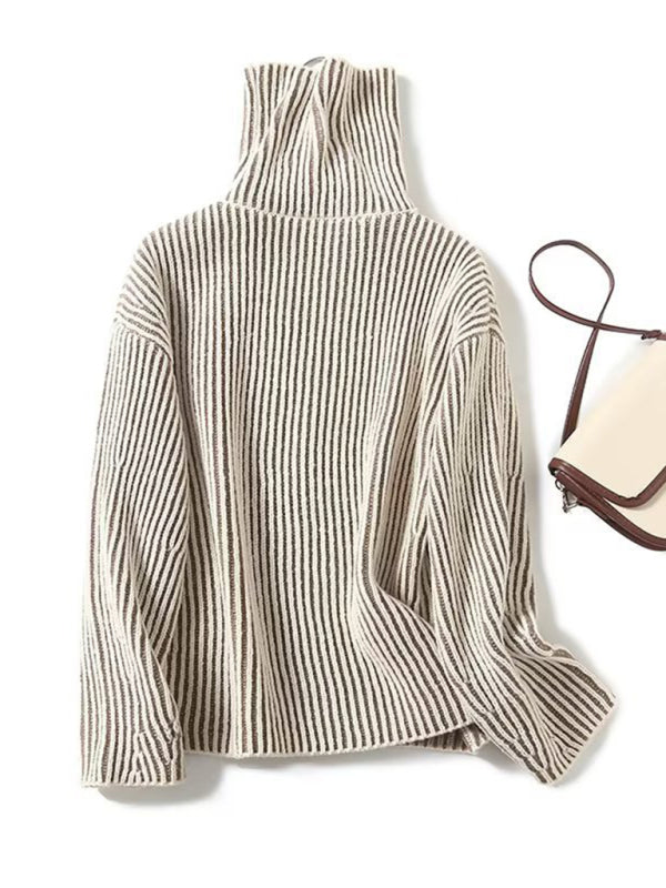 New women's lazy style contrasting color line high collar short sweater