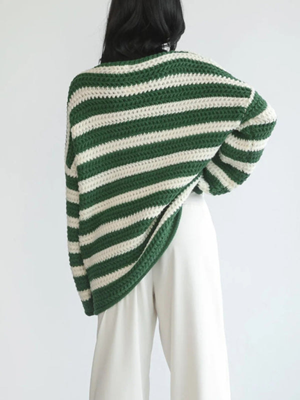 New women's loose one-line collar striped long-sleeved knitted pullover casual sweater