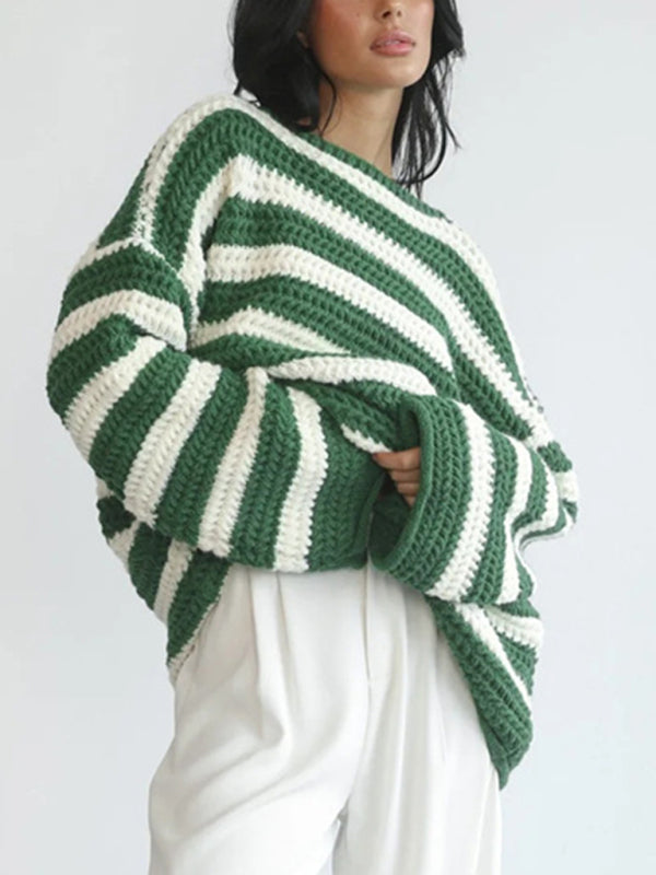 New women's loose one-line collar striped long-sleeved knitted pullover casual sweater