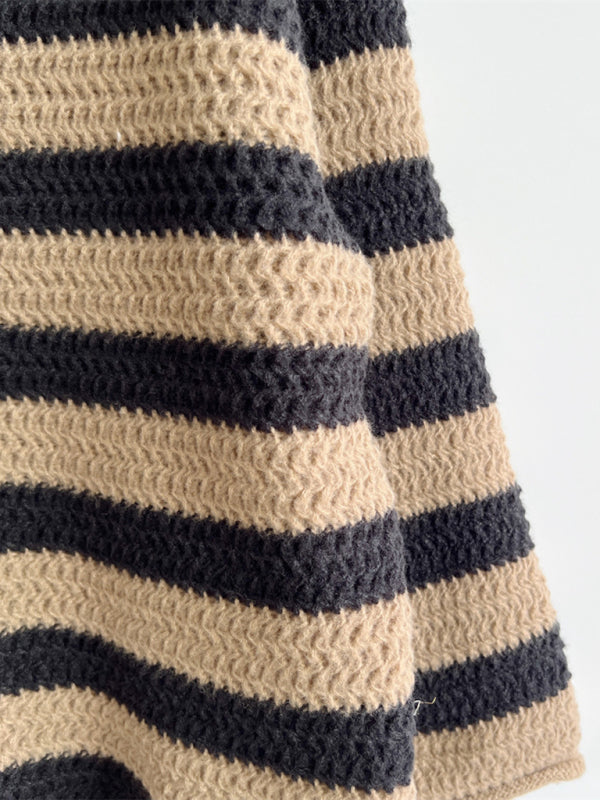 New women's loose one-line collar striped long-sleeved knitted pullover casual sweater