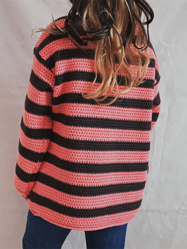 New women's loose one-line collar striped long-sleeved knitted pullover casual sweater