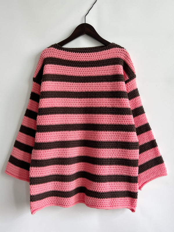 New women's loose one-line collar striped long-sleeved knitted pullover casual sweater