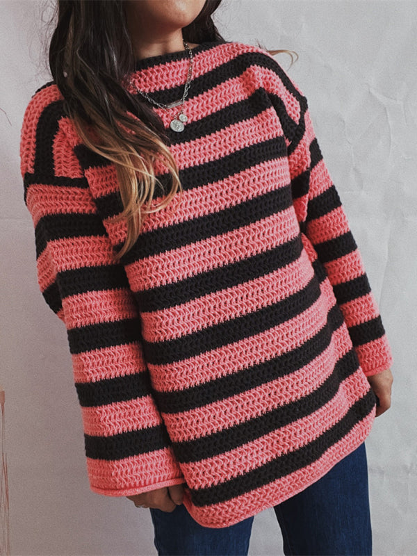New women's loose one-line collar striped long-sleeved knitted pullover casual sweater