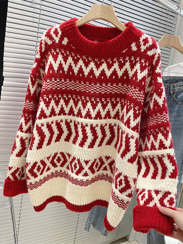 Women's new Christmas and New Year geometric pattern round neck pullover sweater