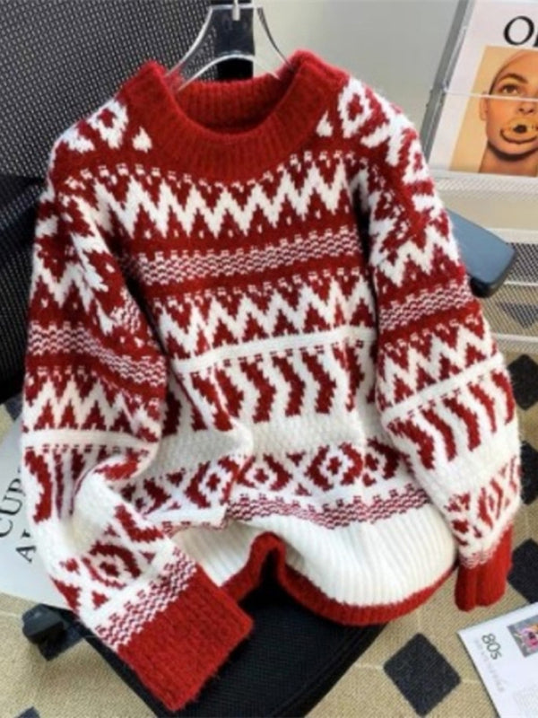 Women's new Christmas and New Year geometric pattern round neck pullover sweater