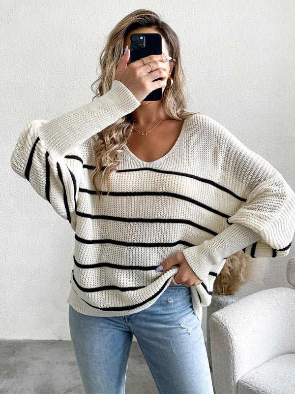 Women's new casual loose striped V-neck long-sleeved woolen top