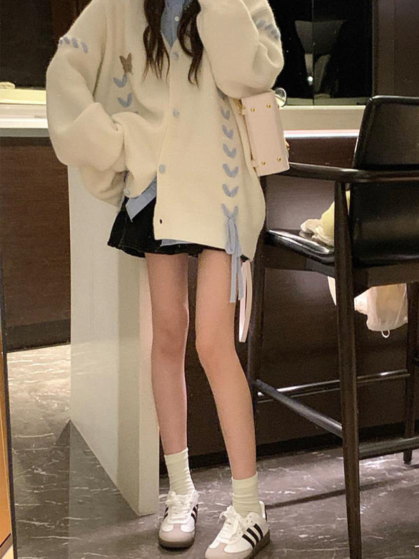 Women's contrast color strap knitted cardigan coat long sleeve sweater