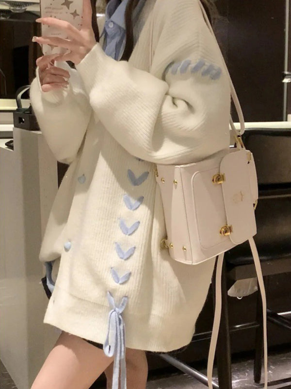 Women's contrast color strap knitted cardigan coat long sleeve sweater