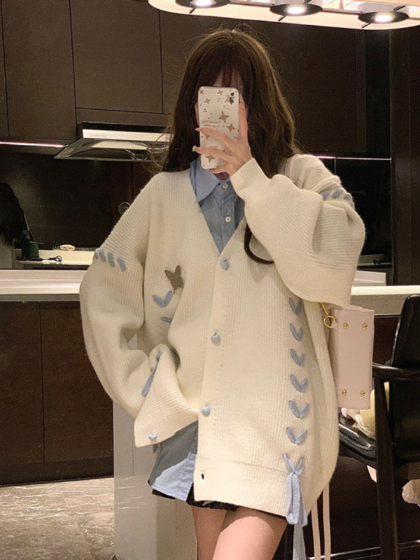 Women's contrast color strap knitted cardigan coat long sleeve sweater