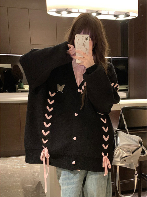 Women's contrast color strap knitted cardigan coat long sleeve sweater