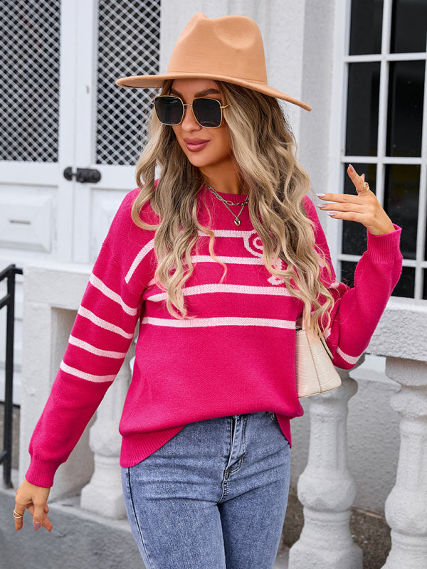 Women's Striped Bow Round Neck Knitted Fashion Sweater