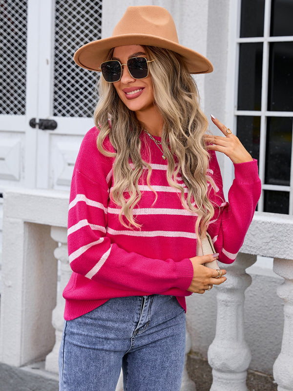 Women's Striped Bow Round Neck Knitted Fashion Sweater