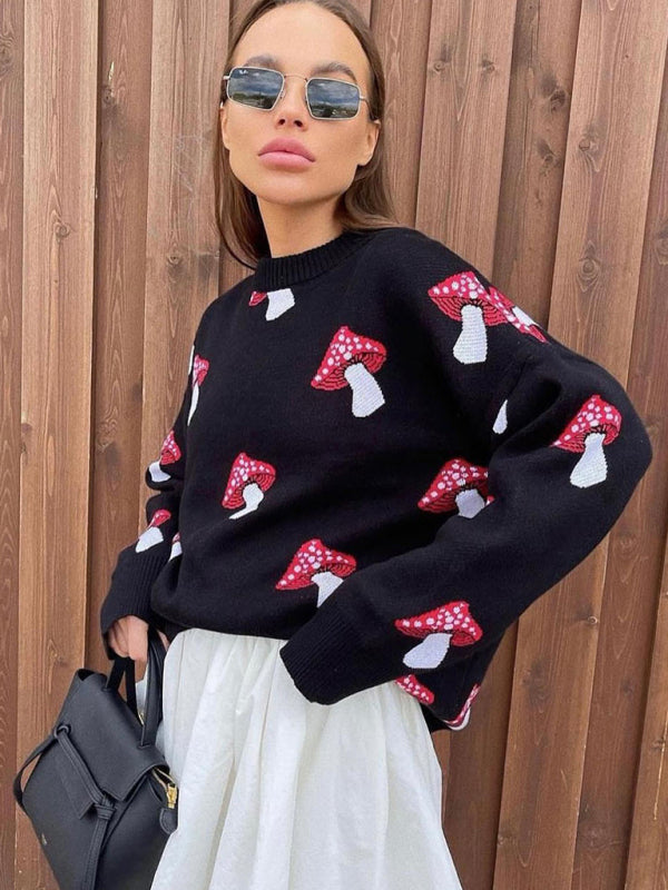 Mushroom jacquard sweater loose contrast color pullover knit sweater