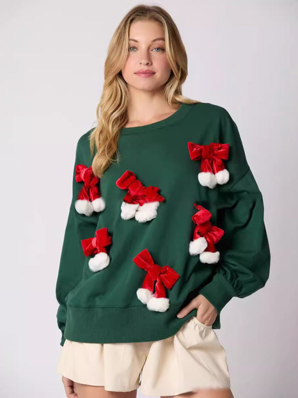 Christmas Bow Decorated Top Casual Long Sleeve Pullover Sweatshirt