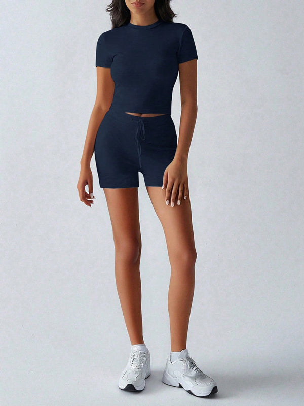 Navy blue sports style short-sleeved lace-up shorts two-piece set