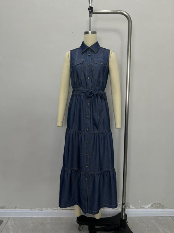 Blue sleeveless long dress with waist tie