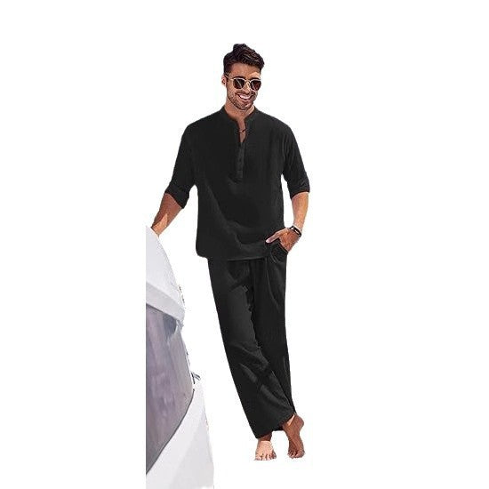 Solid Color Casual Cotton Men's Long Sleeve Trousers Suit