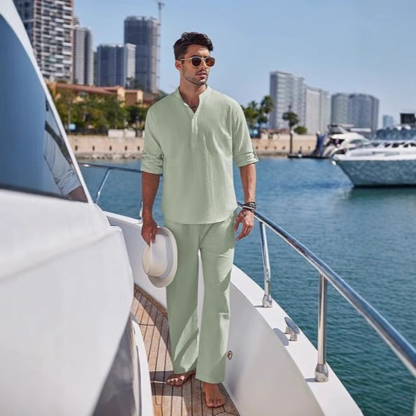 Solid Color Casual Cotton Men's Long Sleeve Trousers Suit