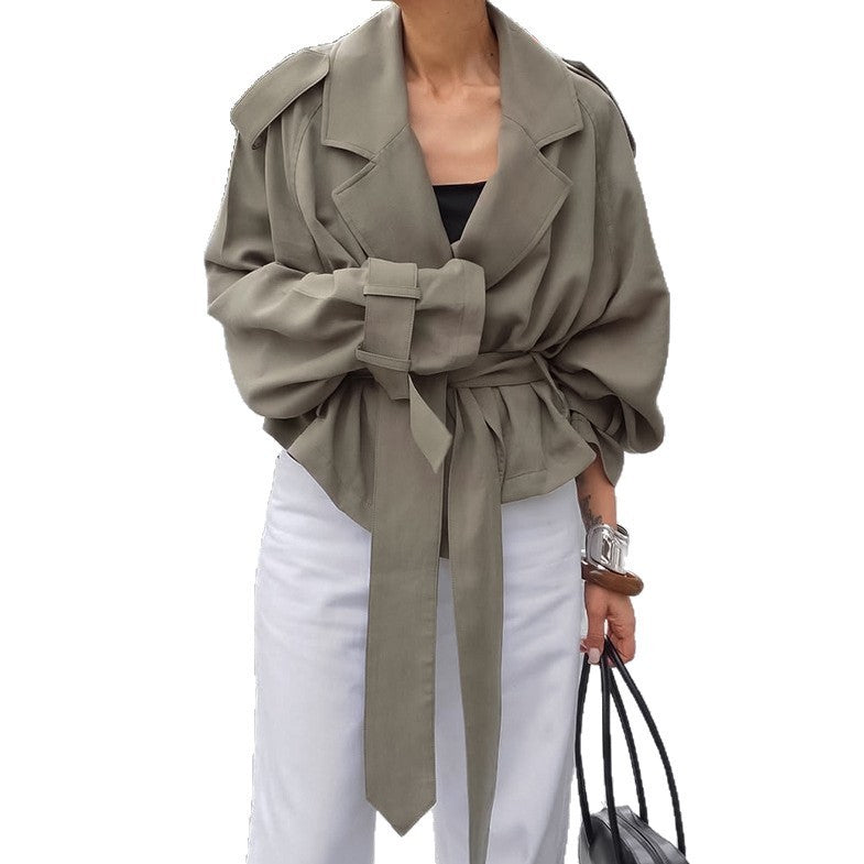 Women's Large Lapel Lace-up Trench Coat Fashionable Jacket