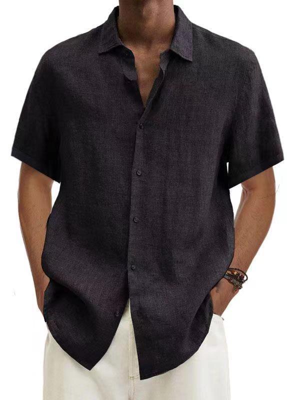 V-neck Button Cotton And Linen Solid Color Men's Trendy Shirt
