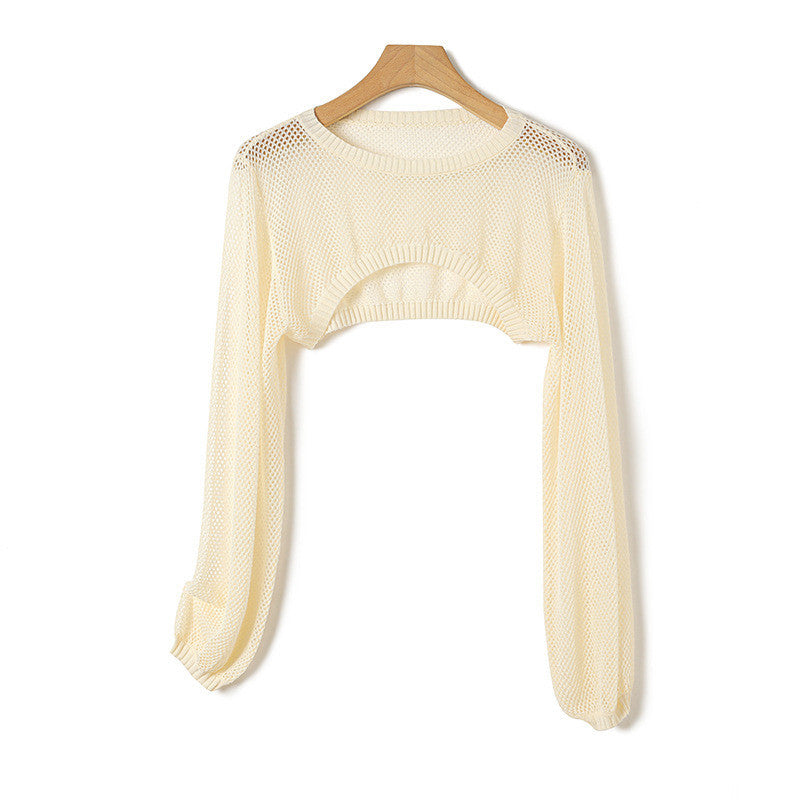 Ice Silk Lyocell Round Neck Knitted Lantern Sleeve Hollow-out Short Blouse Sun Protection Shirt Women