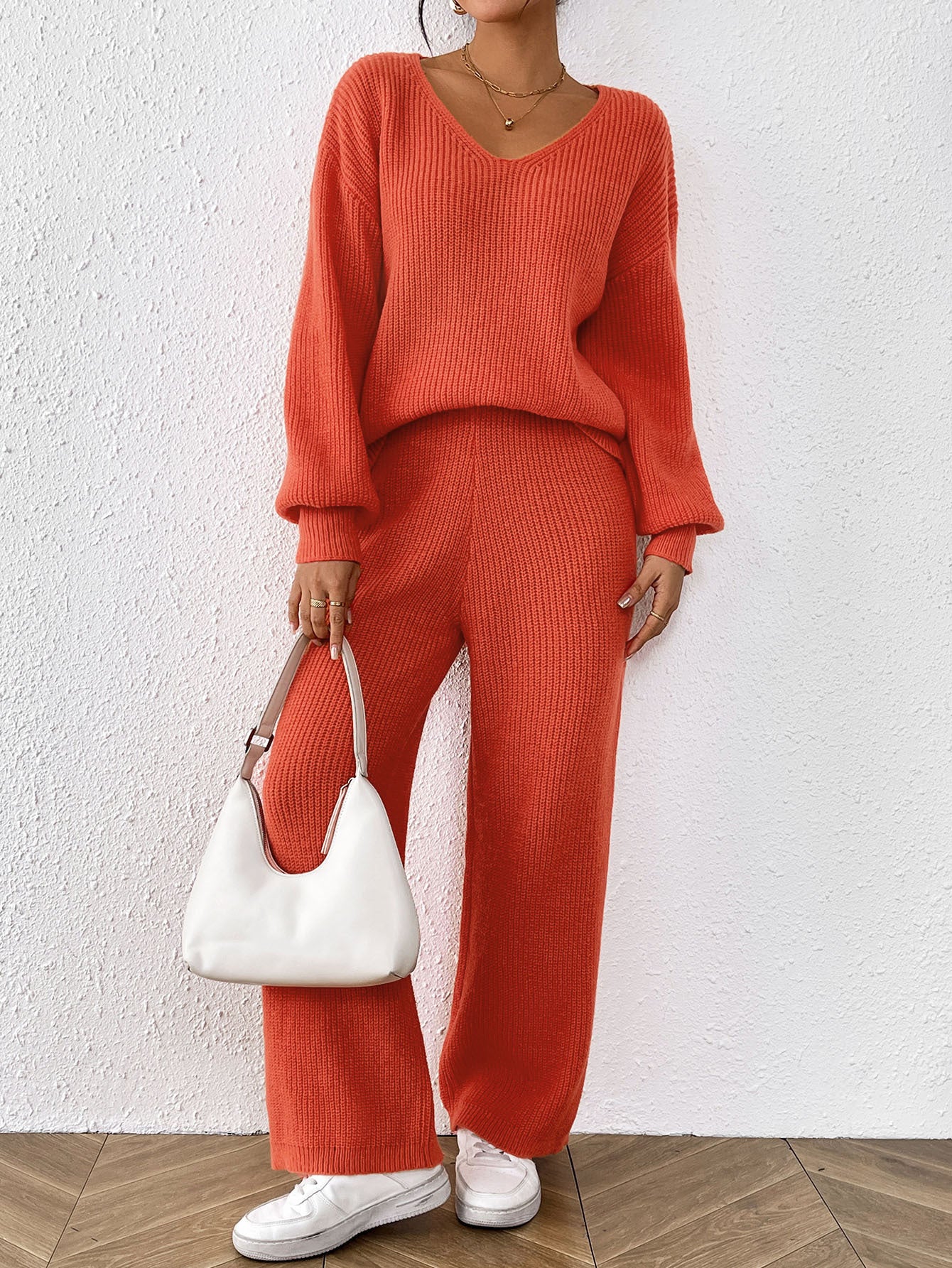 Women's Casual Suit V-neck Loose Top Solid Color Wide-leg Straight Pants