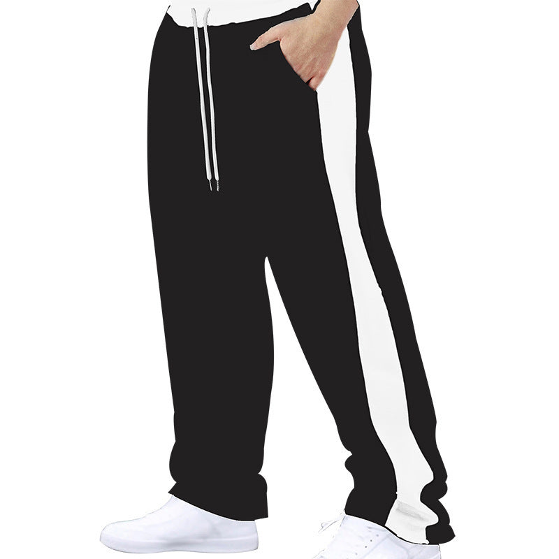 Stitching Contrast Color Loose Straight Drawstring Leisure Pants Men
