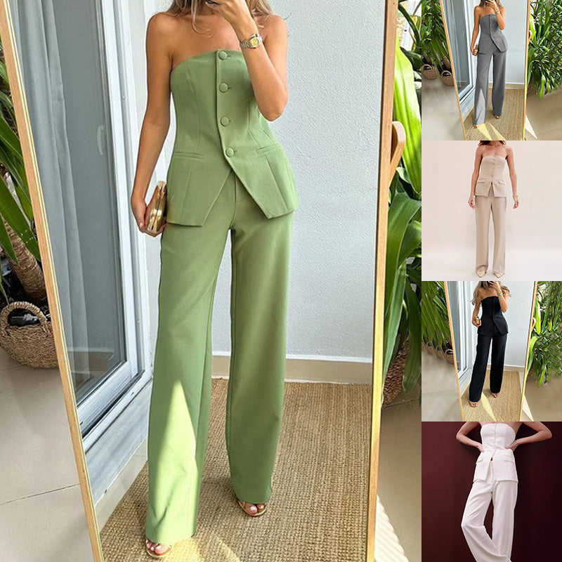 Graceful Tube Top Suit Fashion Button Sleeveless Top And Straight Pants Women's Trousers Set