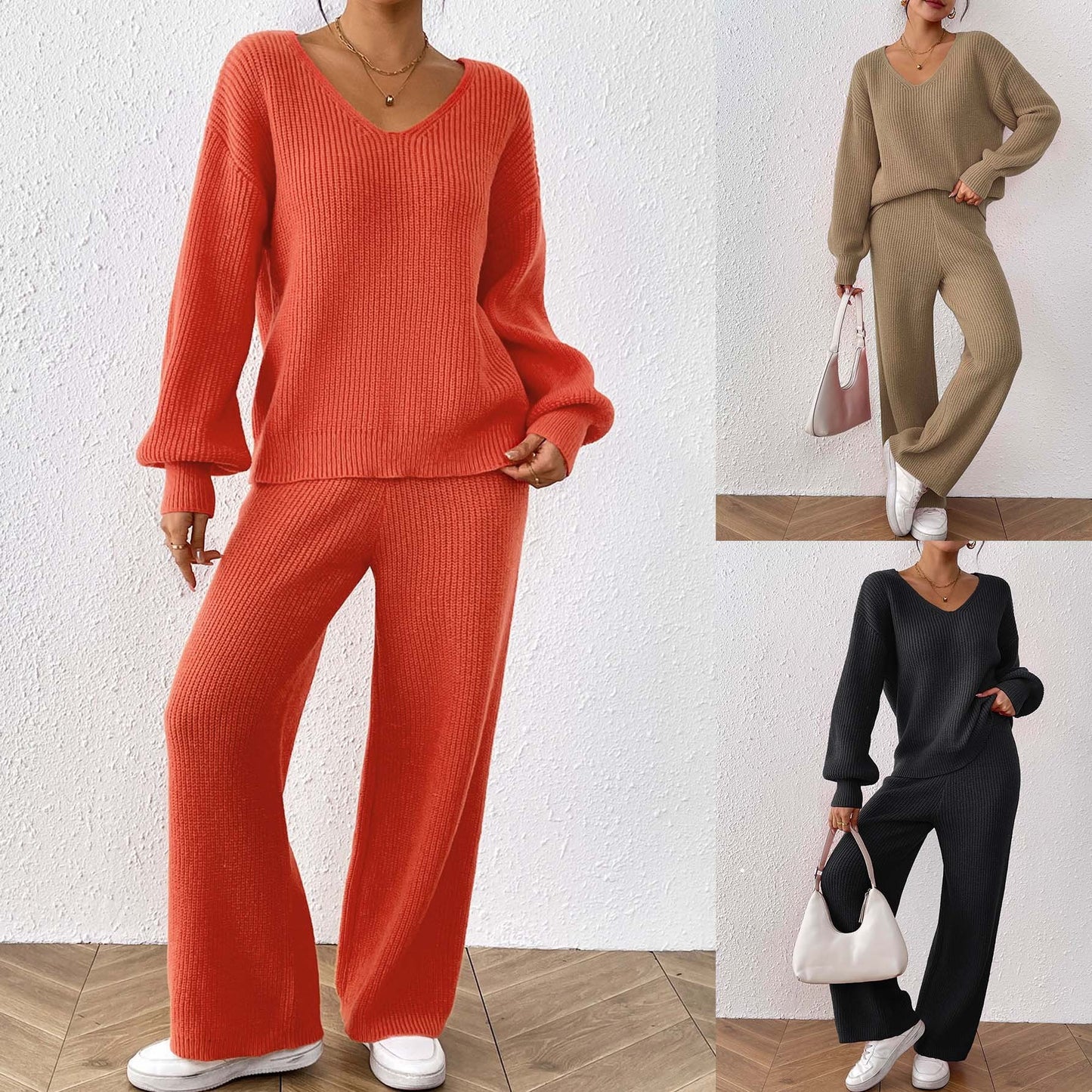 Women's Casual Suit V-neck Loose Top Solid Color Wide-leg Straight Pants