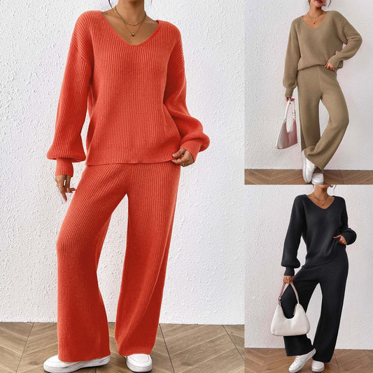 Women's Casual Suit V-neck Loose Top Solid Color Wide-leg Straight Pants