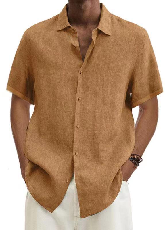 V-neck Button Cotton And Linen Solid Color Men's Trendy Shirt