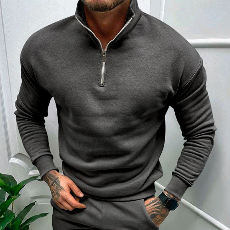 Solid Color Zipper Sweatshirt Men's Autumn And Winter Fleece-lined Long Sleeve Tops