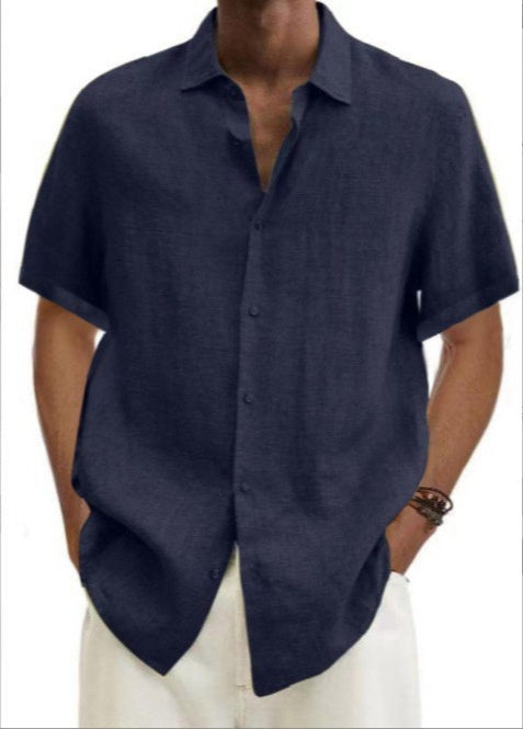 V-neck Button Cotton And Linen Solid Color Men's Trendy Shirt