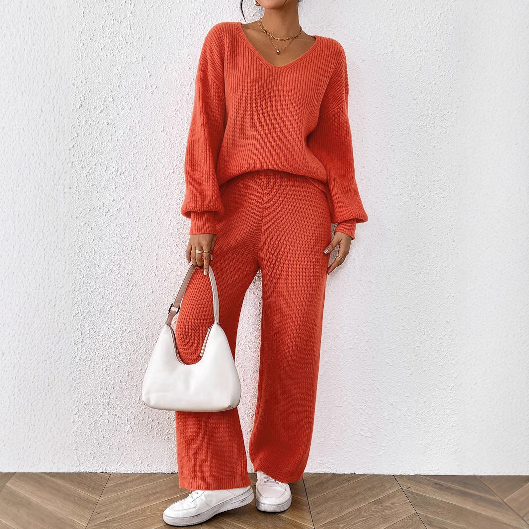 Women's Casual Suit V-neck Loose Top Solid Color Wide-leg Straight Pants