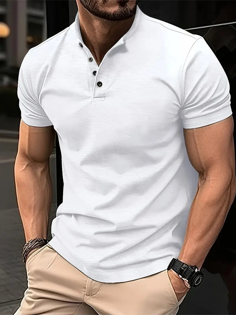 Men's Button Henry Collar Sports Polo Shirt Summer Short-sleeved Tops
